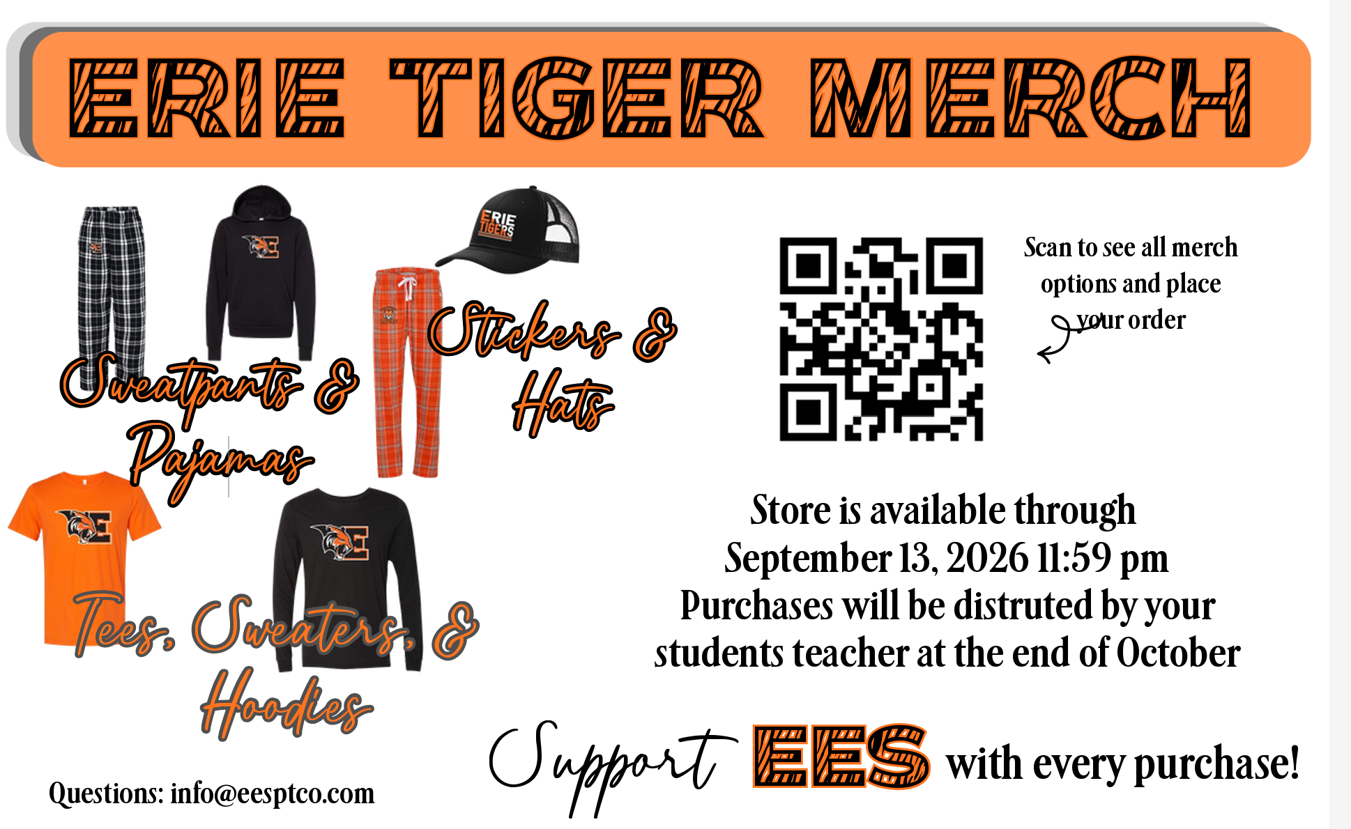 Erie Tiger Merch flyer featuring tees, hoodies, pajama pants, hats, and stickers with a QR code to place your order